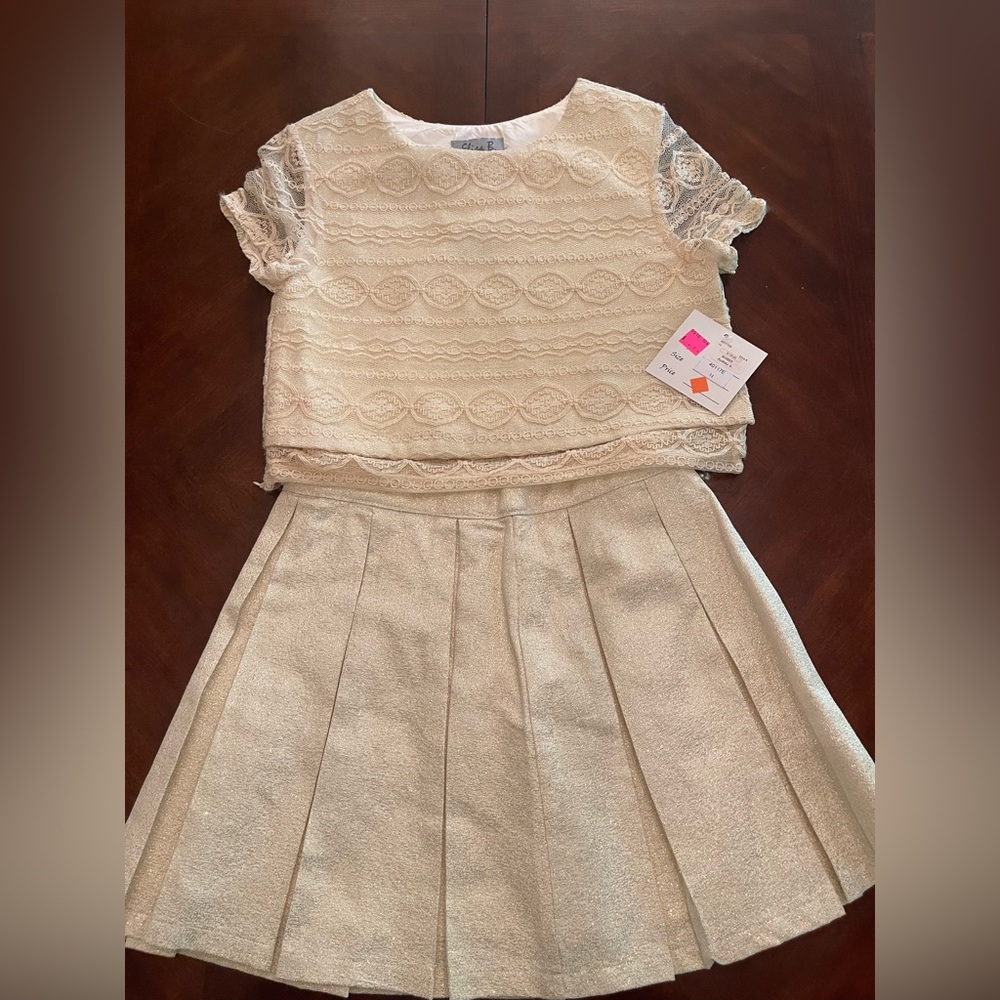 NWT Elisa B Girls Gold Lace Metallic Pleated 2 pc Skirt Set Dress Sz 14 BOUTIQUE